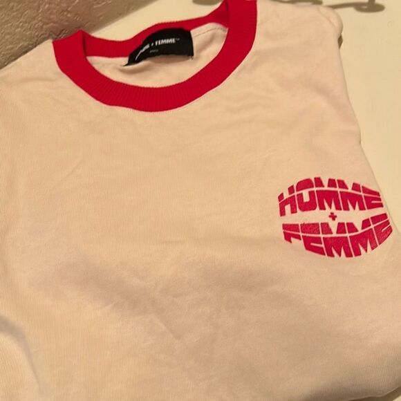 Homme + Femme Unisex S Retro Ringer Graphic Logo Tee Shirt White Red 100% Cotton - Picture 9 of 9